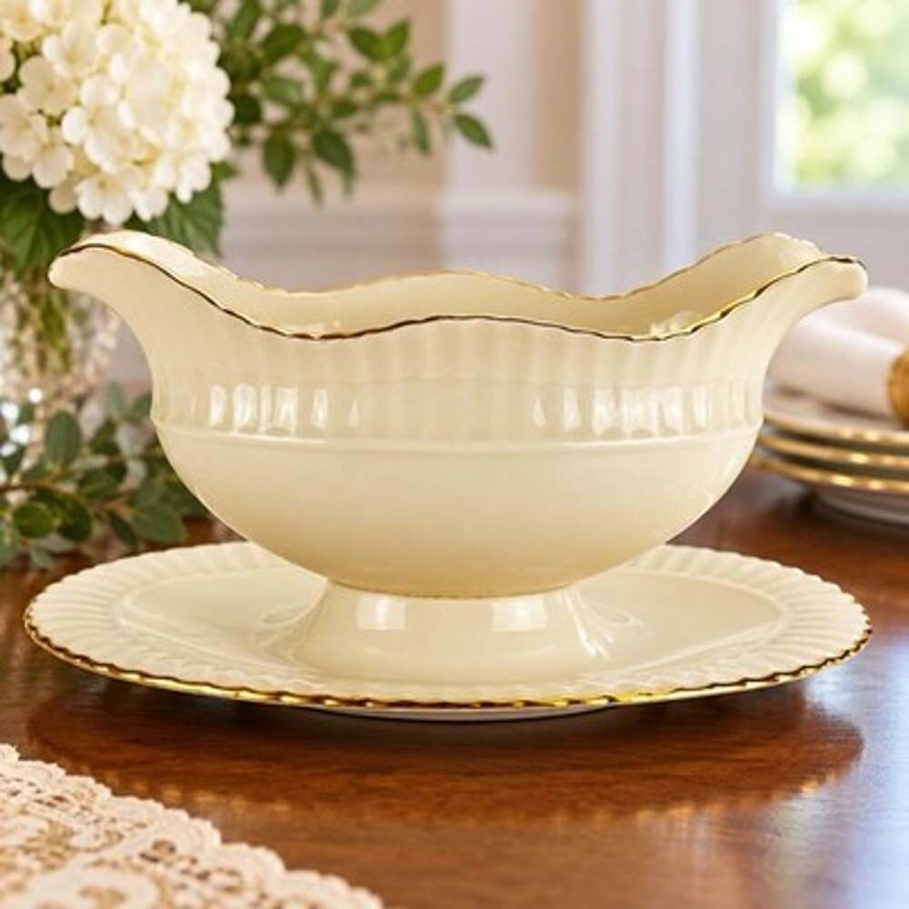 Lenox Citation Gold Ivory China Gravy Boat with Attached Underplate Gold Trim